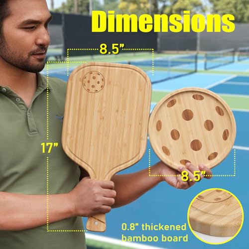 Pickleball Charcuterie Board Set – Bamboo Cheese & Cutting Board | 17" Paddle Board with Handle + 8.5″ Round Plate – Perfect Gifts for Pickleball Fans & Club Gatherings