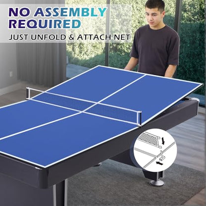 Ping Pong Table Top, 8FT Foldable Table Tennis Table Topper for Pool Table, Indoor Outdoor Table Tennis Conversion Top for Billiard Table w/Net & Foam Padding, Easy Conversion (8ft-Blue)