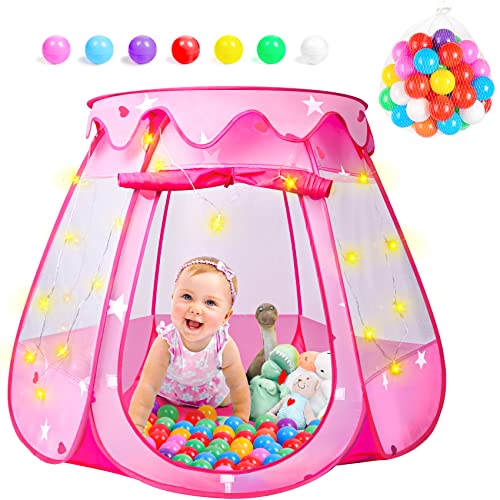 DISHIO Ball Pits with 50 Balls, Pop up Tents for Kids with Star Lights, Ball Pit for Toddlers, Princess Tent Toy for 1,2,3 yrs Birthday Gifts for Girls, Easy to Assemble and Store (50 Balls Included) - style: Tent with 50 balls/lights