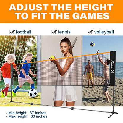 Portable Tennis Net,Stainless Steel Poles Badminton Net Set Adjustable Height Nylon Net with Carry Bag, for Kids Volleyball, Pickleball,Soccer, Indoor, Outdoor Court, Backyard, Beach, Driveway