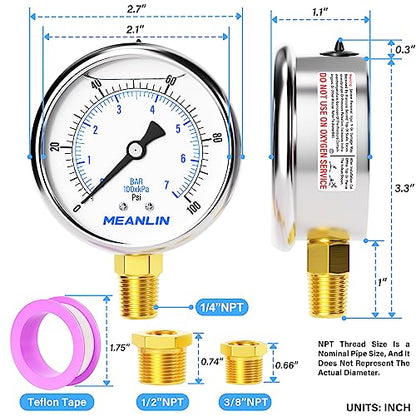 0~100Psi Stainless Steel 1/4" NPT 2.5" FACE DIAL Liquid Filled Pressure Gauge WOG Water Oil Air Lower Mount, with 1/2" NPT and 3/8" NPT Hex Bushing