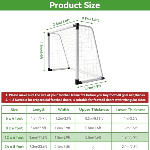 Soccer Net, Soccer Goal Replacement Net for 24x8ft, 12x6ft, 8x6ft and 6x4ft, Football Goal Post Netting, Adults and Youth Soccers Practice 5 Size Ball - size: 12X6FT