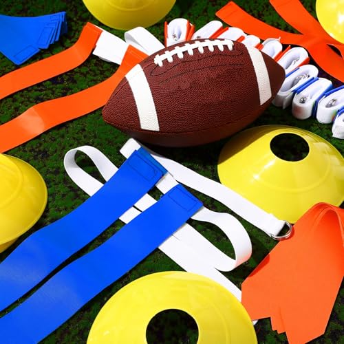 Flag Football Set, 14 Player Adjustable Belts with Cones Includes 14 Easy Tear Away Belts, 28 Football Flags, 12 Cones, 1 Carrying Bag for Youths, Adults Sport Team Training - style: Blue, Orange