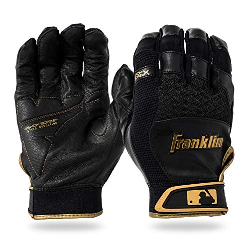 Franklin Sports MLB Baseball Batting Gloves - Shok-Sorb X Batting Gloves for Baseball + Softball - Adult + Youth Padded Non-Sting Batting Glove Pairs - Multiple Colors + Sizes - color: Black/Gold, size: Youth Large