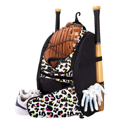 Youth Softball Equipment Bag with Vented Shoe Compartment, Baseball Bat Bag, Fence Hook, for Batting Mitten, Helmet, Teeball Gear, Adult Boys Girls Kids - color: Color Leopard