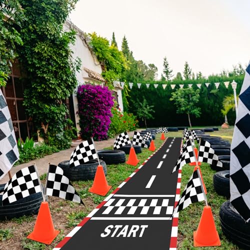 AHIER 38 Pcs Traffic Cones and Racing Flags Set - 12 Plastic Cones With Hole, 24 Checkered Flags With Sticks, 6.5Ft Racetrack Floor Runner and 9.8ft Race Track Banner