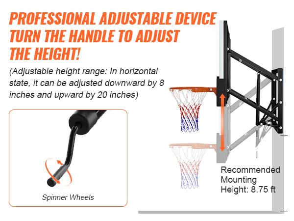 54" Wall Mount Basketball Hoop with Shatterproof PC Backboard, 6.6FT-10FT Height Adjustable, Professional Breakaway Rim & Steel Reinforced Construction, Ideal for Slam Dunks