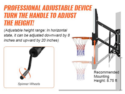 54" Wall Mount Basketball Hoop with Shatterproof PC Backboard, 6.6FT-10FT Height Adjustable, Professional Breakaway Rim & Steel Reinforced Construction, Ideal for Slam Dunks