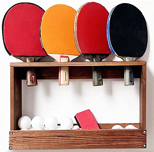 Ping Pong Paddle Holder Rack Rustic Wood Table Tennis Ball Wall Mounted Storage Shelf with Pre-Buried Sleeves Bolt Crack-Preventing Design