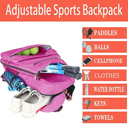 ACOSEN Tennis Bag Tennis Backpack - Large Tennis Bags for Women and Men to Hold Tennis Racket,Pickleball Paddles, Badminton Racquet, Squash Racquet,Balls and Other Accessories - color: Rose Red