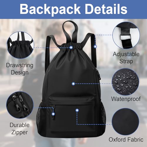 6 Pcs Black Basketball Drawstring Backpack, X-Larger Waterproof Drawstring Gym Bag, Baseball Softball Sports Bag with Water Resistant String Swim Backpack Side Mesh Pocket for Men Women
