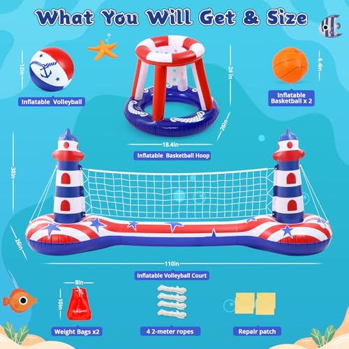 EagleStone Inflatable Pool Float Set with Volleyball Net & Basketball Hoop,2-in-1 Floating Water Games for Kids Adults, Backyard Beach Summer Toys, Heavy-Duty PVC Family Pool Party Essentials - color: Red