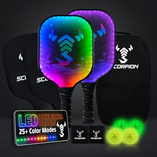 SCORPION LED Pickleball Paddles Set of 2 or 1 – Lightweight Rackets with LED Edge Lighting | Carbon Fiber/Fiberglass/Wood Face | Durable Paddles for Women, Men, and Kids | Includes Bonus Accessories - color: Pioneer Plus 2 Paddle Set w/ Bag & 4 Balls