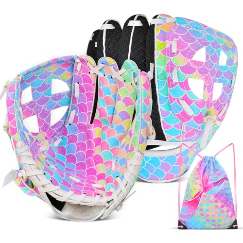 Kids Baseball Glove,Softball Gloves,Baseball Softball Mitt for Kids Girls Toddlers, Tee Ball Glove for Training and Beginner Play, Left Hand Glove, Right Hand Throw - color: Rainbow Mermaid, size: 9"