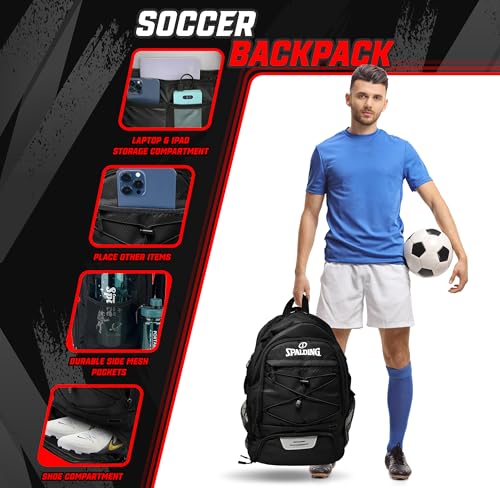Spalding Soccer Backpack Sports Bag, Black Soccer Bag with Ball and Shoe Compartment, Use for Track Bags, Basketball Sport Ball Accessories & Stuff, Gifts for Sports Players