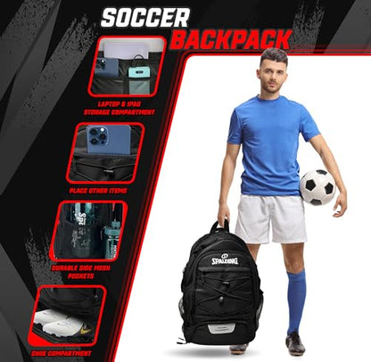 Spalding Soccer Backpack Sports Bag, Black Soccer Bag with Ball and Shoe Compartment, Use for Track Bags, Basketball Sport Ball Accessories & Stuff, Gifts for Sports Players