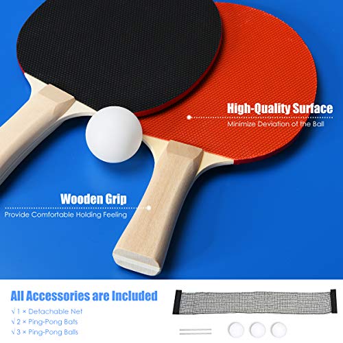 Goplus Foldable Ping Pong Table, 100% Preassembled, Table Tennis Table with Net, 2 Paddles, Ping Pong Balls, Portable Table Tennis Game Set for Indoor Outdoor - style: Blue-72''