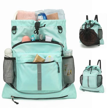 Drawstring Backpack, Waterproof Sandproof Beach Backpack for Sport Gear Small Gym Bag with Hidden Ball Net Pocket and Seperated Wet Pocket Draw String Back Bag for Women Men, Green - color: Green