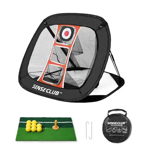 SENSECLUB Foldable Chipping Net with Mat & Balls, Indoor Golf Practice Chipping Target, Backyard Golf Game & Gifts - style: Square Net +Mat +Balls