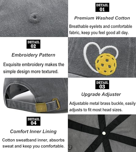 Pickleball Hat with Gift Box, Pickleball Gifts for Women Men, Adjustable Embroidered Heart Baseball Cap - color: Grey