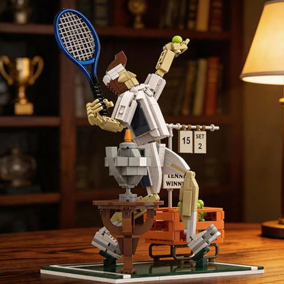 Tennis Champion Building Set for Adults – 482Pcs Kit with Metal Racket, 30 Mini Balls, Trophy & Scoreboard Stickers – Poseable Figure on Grass Court Model, Collectible Sports Diorama