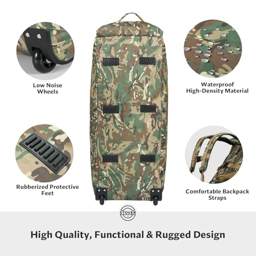 STOVER 45/80/100L Rolling Duffel Bag with Wheels, X-Large Durable Travel Duffle + Toiletry Bag, Heavy Duty, Packable with Shoulder Straps- Use as Luggage or Backpack (Camouflage) - color: Camouflage