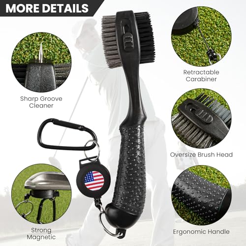 FINGER TEN Retractable Golf Club Cleaner Brush with Magnetic Clip, Durable Nylon Groove Scrub Iron Sharpener Compact Design, Portable Wire Tool for Golf Club Ball Bag Cleaning - color: Black Brush
