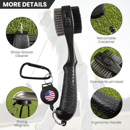 FINGER TEN Retractable Golf Club Cleaner Brush with Magnetic Clip, Durable Nylon Groove Scrub Iron Sharpener Compact Design, Portable Wire Tool for Golf Club Ball Bag Cleaning - color: Black Brush