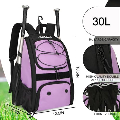 Goloni Youth Baseball Bag,Baseball Backpack with Shoes Compartment,Softball Bag with Fence Hook for T-Ball Bat & Equipment - color: Dark Purple
