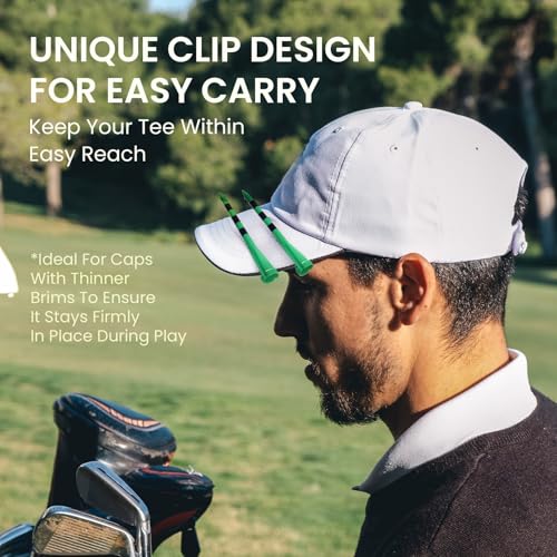 Golf Tees Plastic 3 1/4 Inch with Built-in Hat Clip 20 Pack, Unbreakable 4-Prong Striped Tees for Consistent Height, Bright Colors with Quick On-Course Access Design - color: Green