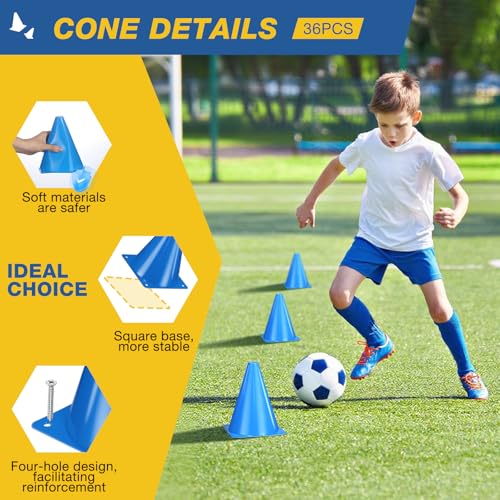 36pcs Cones 7 Inch Soccer Cones and Plastic Traffic Cones, Durable Cones for Sports Training, Ideal for Soccer, Basketball, Football, Skating, and Agility Drills Practice - color: blue