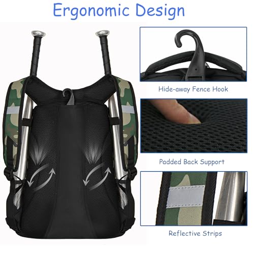 WOLT Youth Baseball Bag - Bat Backpack for Baseball, T-Ball & Softball Equipment & Gear, Bat & Glove Holder, Large Main Compartment for Helmet & accessories, Separate Shoes Compartment, Fence Hook - color: Camogreen