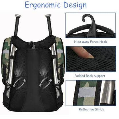 WOLT Youth Baseball Bag - Bat Backpack for Baseball, T-Ball & Softball Equipment & Gear, Bat & Glove Holder, Large Main Compartment for Helmet & accessories, Separate Shoes Compartment, Fence Hook - color: Camogreen