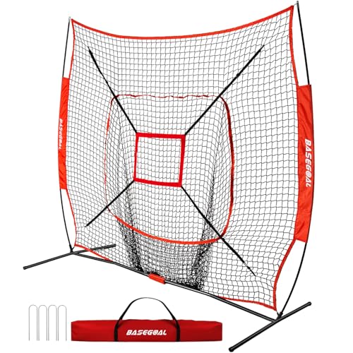 BaseGoal 7'×7' Baseball Softball Practice Net,Baseball Backstop,for Hitting Pitching Batting Catching with Bow Frame,Bonus Strike Zone - style: Red