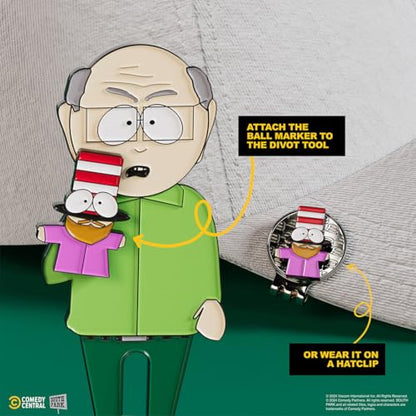 South Park Mr. Garrison Golf Divot Tool and Mr. Hat Ball Marker – Magnetic Collectible Golf Gift Set with Hat Clip & Tin for Golfers