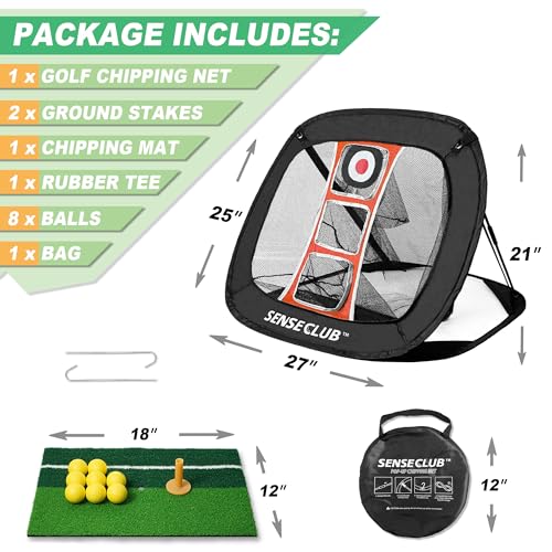 SENSECLUB Foldable Chipping Net with Mat & Balls, Indoor Golf Practice Chipping Target, Backyard Golf Game & Gifts - style: Square Net +Mat +Balls