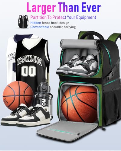 LOINTET Basketball Bag Backpack with Ball Holder Shoes Compartment, Large Basketball Accessories Sports Bag - color: Dark Green