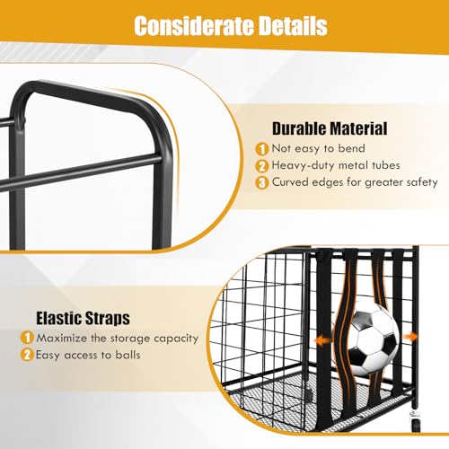 GYMAX Garage Sports Equipment Organizer, Ball Storage with Basket, Hooks, Lockable Wheels, Rolling Toy Storage Cart for Golf Bag Bats Football Sports Gear
