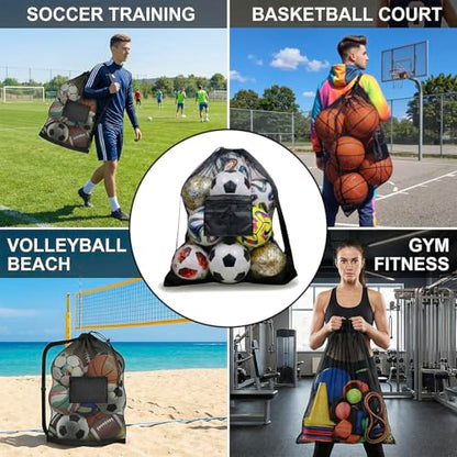 Extra Large Mesh Ball Bag with Pocket, Holds 13 Soccer Balls, 10 Basketballs, Heavy Duty Drawstring Net Bag, Team Coaches Sports Equipment Storage Duffle Sack for Volleyball, Swimming Gear