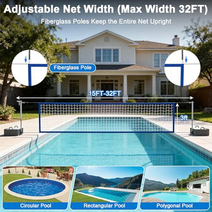 Pool Volleyball Net Set with High Brightness LED Solar Powered Lights, 15ft-32ft Adjustable Portable Volleyball Net with 40L Weighted Base for Inground Pools, 2 Ball & Pump for Family Fun, Party Games