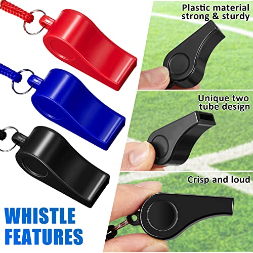 Flutesan 48 Pcs Whistles Bulk with Lanyard Sports Loud Crisp Sound Whistles for Coach Referees Training Emergency - color: Red, Blue, Black