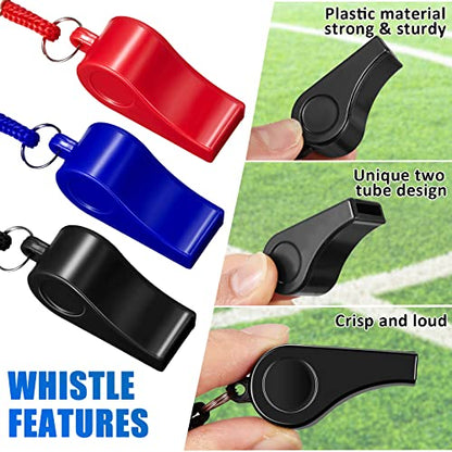 Flutesan 48 Pcs Whistles Bulk with Lanyard Sports Loud Crisp Sound Whistles for Coach Referees Training Emergency - color: Red, Blue, Black