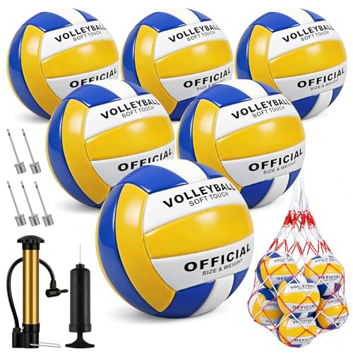 6 Pack Volleyballs Official Size 5, Waterproof Soft Volleyball With Pump and Net Bag for Indoor Outdoor Beach Pool Water Gym Training - Competition Volley Ball for Training Match for Beginner - color: Yellow-Blue-White
