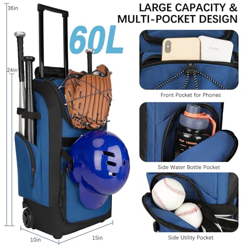 Rolling Baseball Bag with Wheels, 60L Capacity Wheeled Softball bag with Shoe Compartment for Youth & Adult, Bat bag with Hidden Straps,Fence Hook,Holds 4 Bat, Helmet, Glove - color: Blue