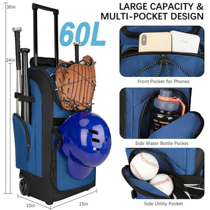 Rolling Baseball Bag with Wheels, 60L Capacity Wheeled Softball bag with Shoe Compartment for Youth & Adult, Bat bag with Hidden Straps,Fence Hook,Holds 4 Bat, Helmet, Glove - color: Blue