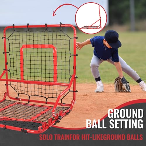 Storgem Baseball Softball Rebounder Net, Pitch Back Rebound Net,Soccer Rebound Net, Fielding Rebounder,Double Sided Adjustable Multi-Sports Pitching Rebound Net for Throwing Practice - style: 33 x 33in-Red