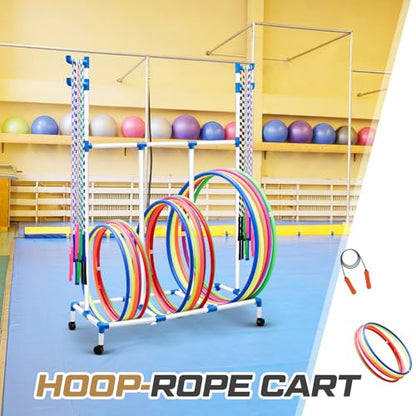 Aurelema Hoop Rope Cart Plastic Hoop Jump Rope Rack Cart with Wheels PE Equipment Rack for Elementary School Primary School Movable Garage Rolling Ball Holder Gym Sports Gear, 48 x 74 x 21.65 Inch