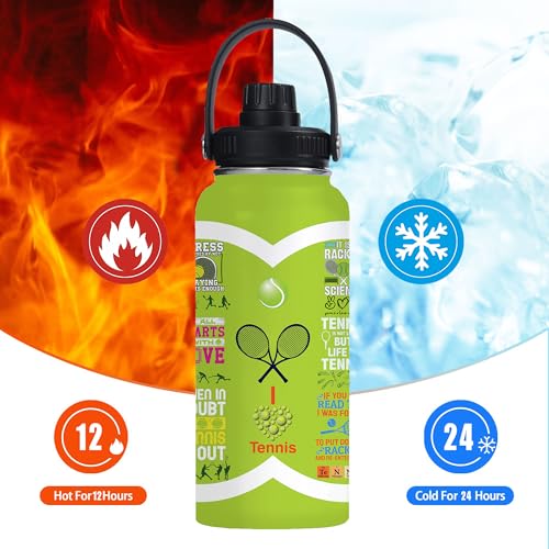 Tennis Water Bottle 32oz Stainless Steel Tumbler Insulated Bottles For Men Women Tennis Gifts For Sport Lover Player Fan Coach - color: Tennis