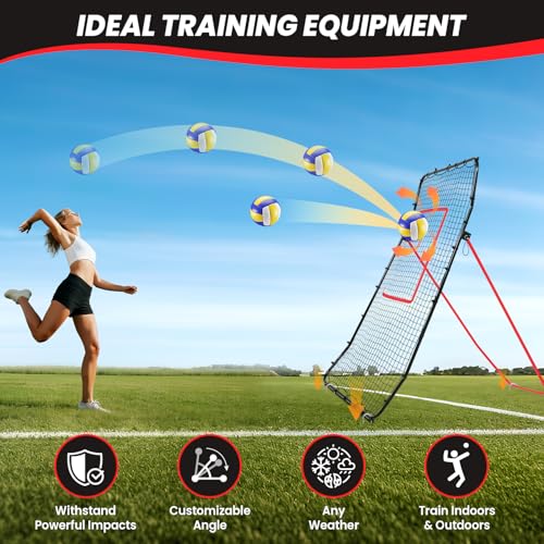 BAGAIL Volleyball Rebounder Net 7x4 Ft, Bounce Back Training Equipment with Unique Curved Frame for Better Catching, 5 Adjustable Angles for Volleying & Spiking, Easy Set Up & Sturdy Base - color: Red