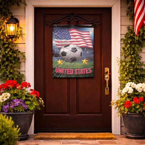 Soccer Watch Party Yard Decor Double-Sided Oxford Garden Flag 12.01 x 17.52 Inch, USA United States Flag Soccer Ball Outdoor Banner for Porch Patio Lawn